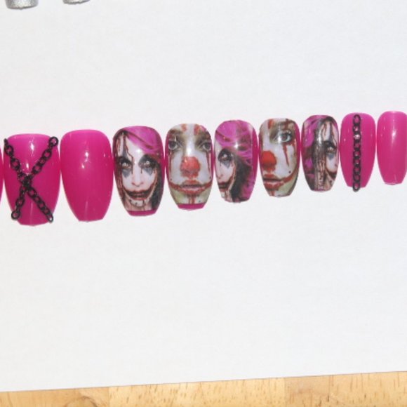 Bright pink Clown with black chain- press on nail - Picture 2 of 6